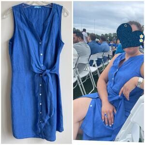 J. McLaughlin Sleeveless Linen Shirt Dress Tie Front Cornflower Blue Sz Large